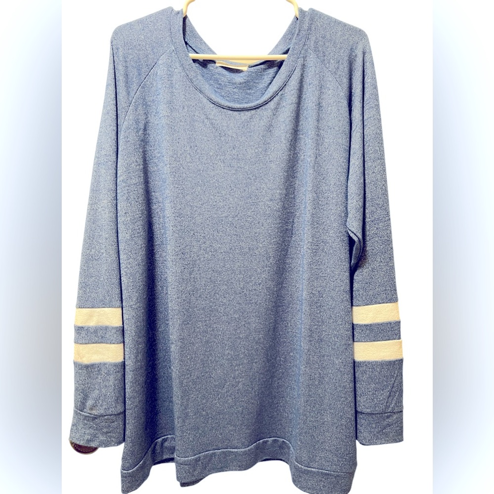 Blue Crewneck Sweater with White Stripes on Sleeves.